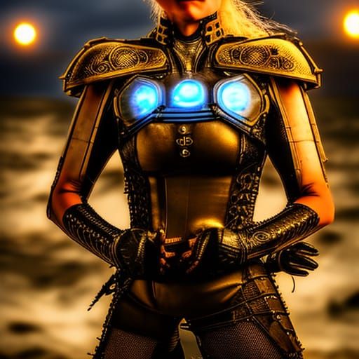 Steampunk Warrior Woman in Futuristic Armor at Night