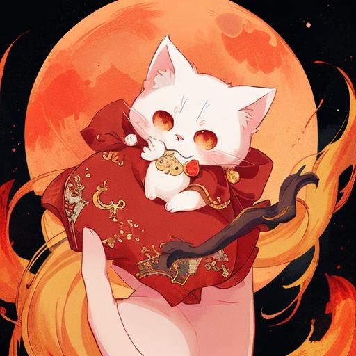 Kawaii Neko Girl with Crimson Moon in Anime Style