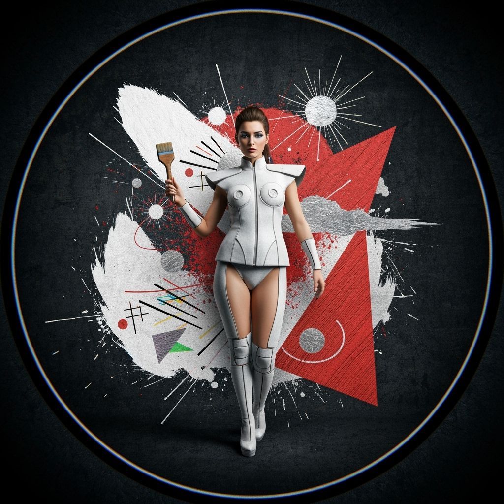 Woman with Brush in Geometric Abstract Scene