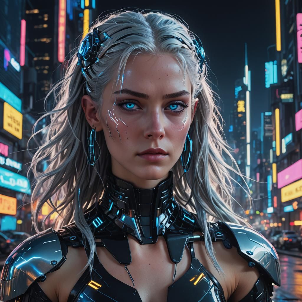 Cyberpunk Goddess in High-Tech Cityscape