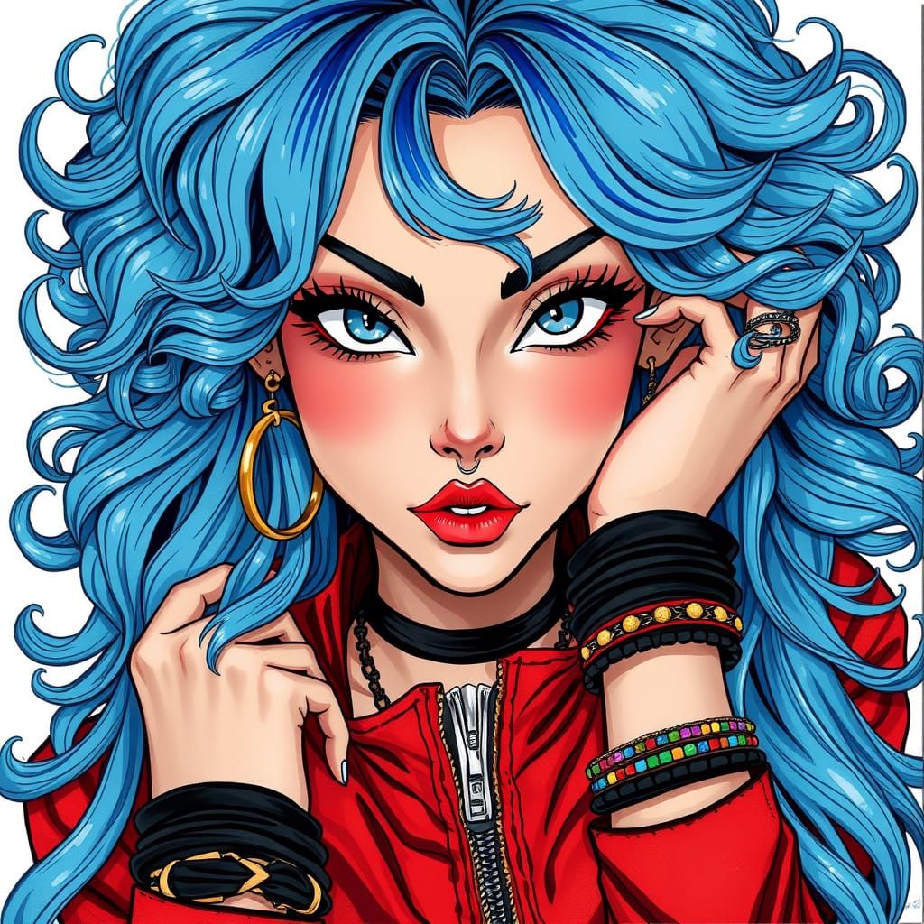 Vibrant Blue Hair Goddess in Bold Red Jacket