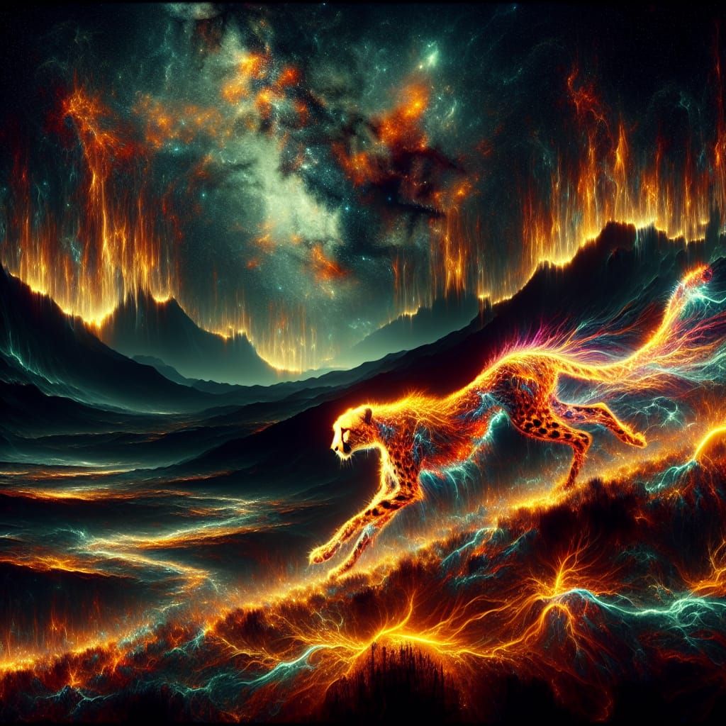 Neon Cheetah on Dark Savannah: Maximalist Digital Art