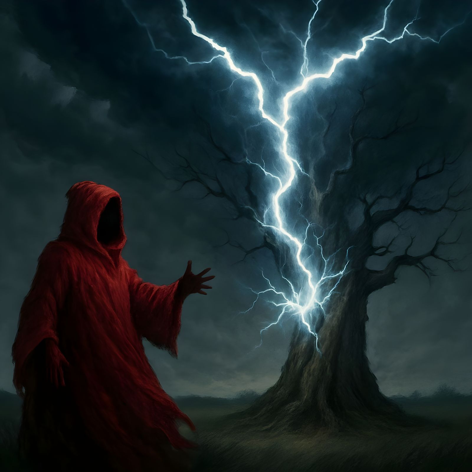 Hooded Figure Summons Lightning to Strike Ancient Tree