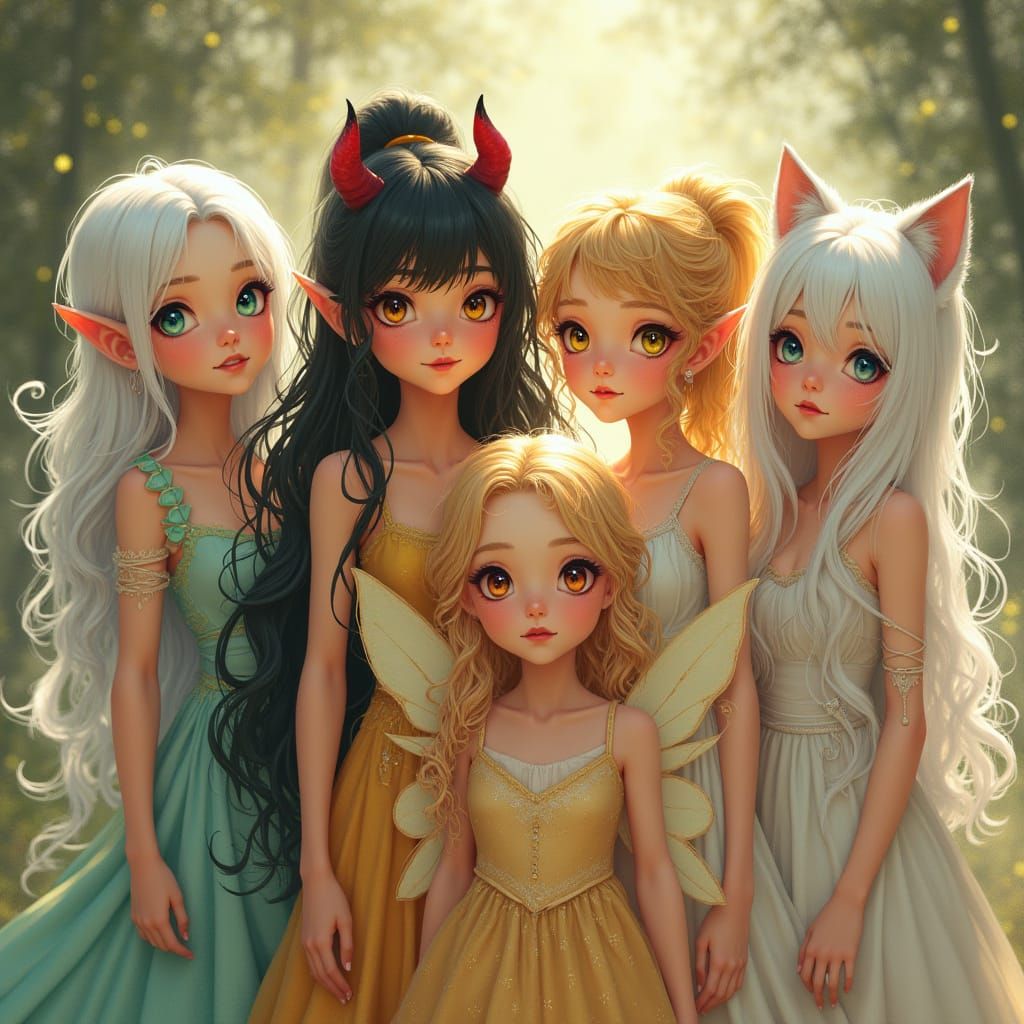 Five Magical Girls in Whimsical Dreamlike Setting