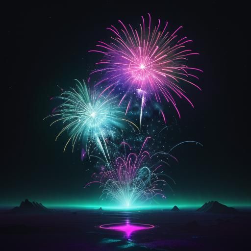 Fluorescent Fireworks on Saturn in Cyberpunk Style