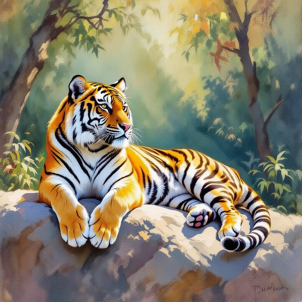 Bengal Tiger Reclining on Sun-Dappled Rock in Watercolour