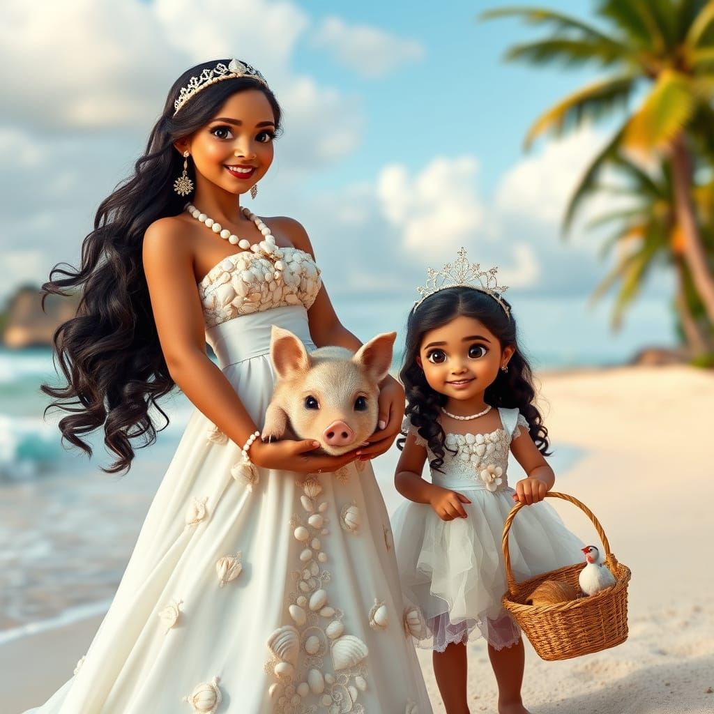 Moana's Seashell Wedding: A Realistic Beach Portrait