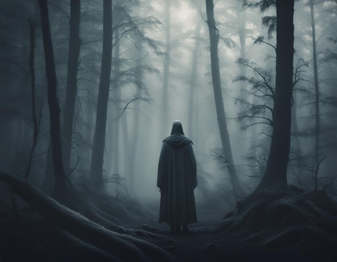 Eerie Figure in Misty Forest Concept Art
