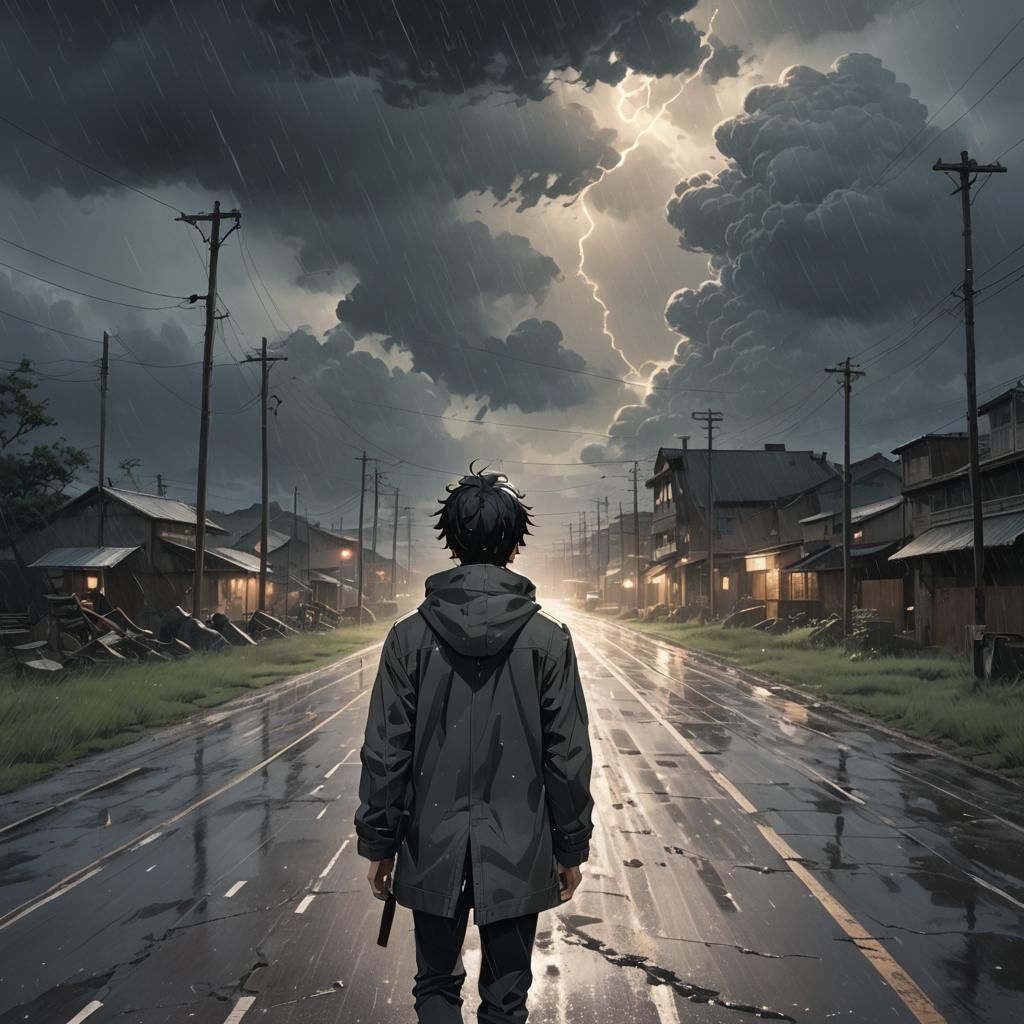 (A lonely man walking in a hail storm in a lonely road: 20.0...