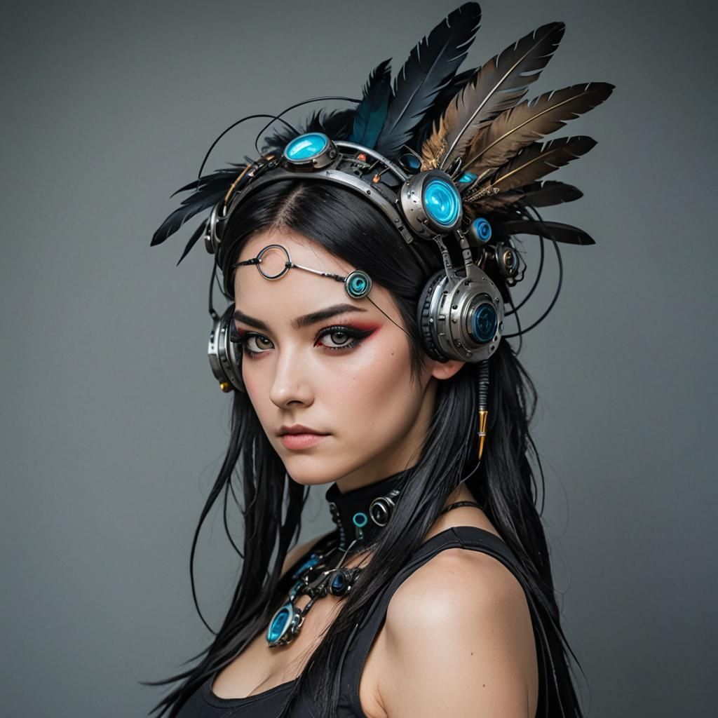 Cyberpunk Portrait with Feathers Headband
