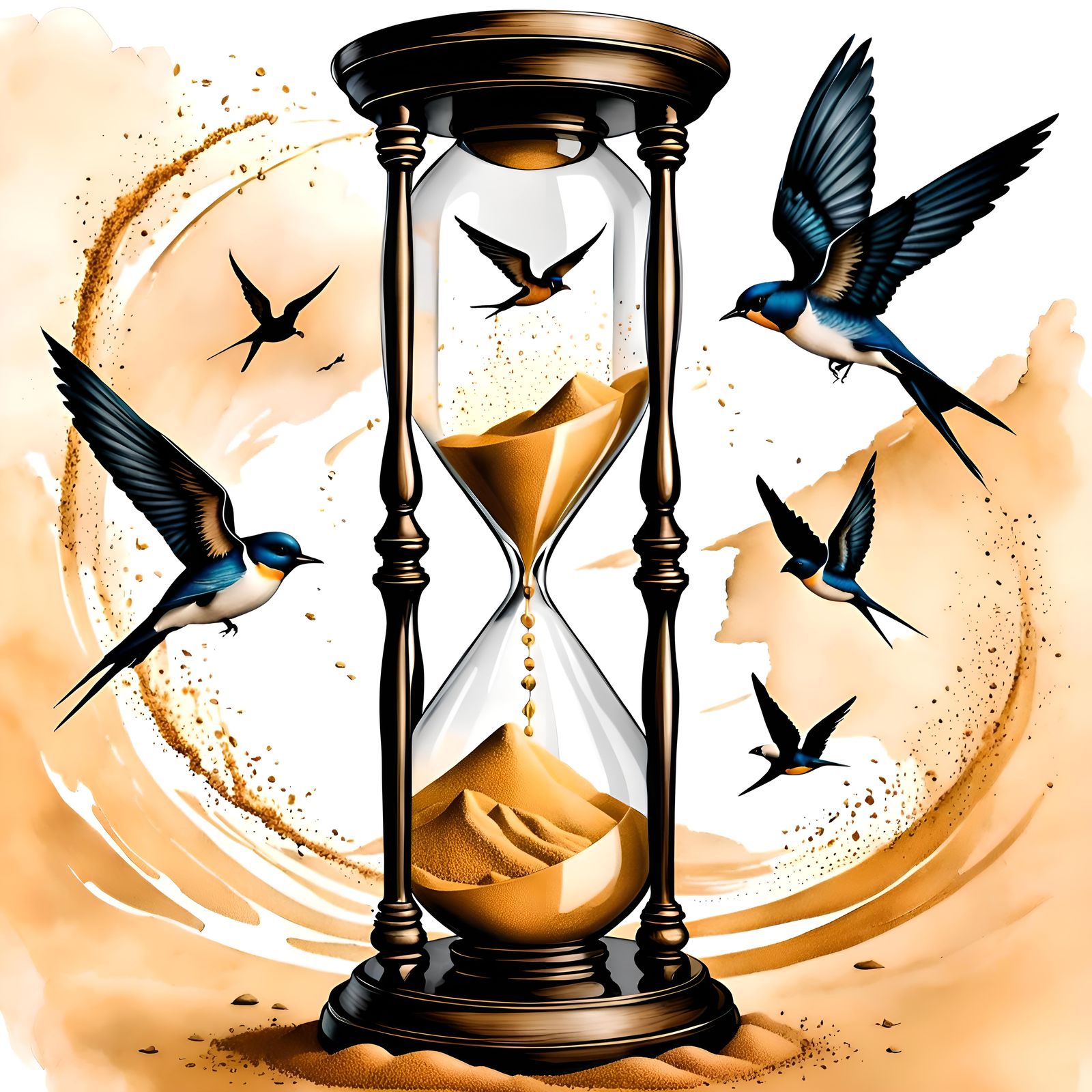 Hourglass with Time Flies Message in Watercolor Style