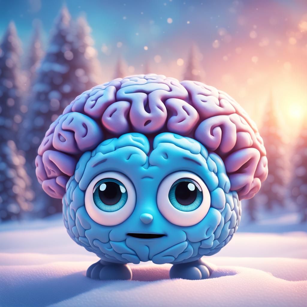 Adorable Brain Character in Winter, 3D Digital Art