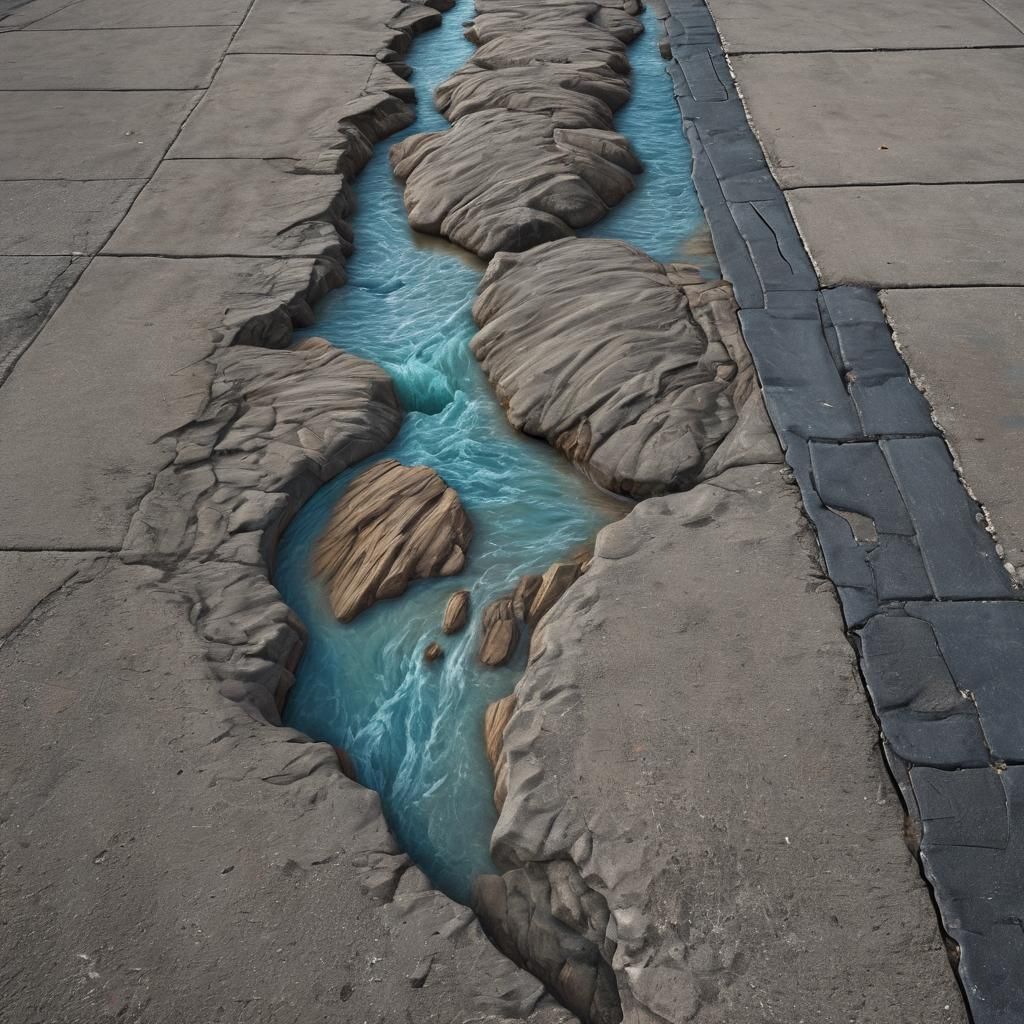 Realistic Chalk Art River on Concrete Sidewalk