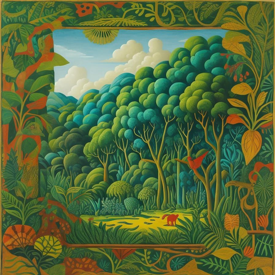 Naive Folk Art Jungle Landscape in Rousseau Style