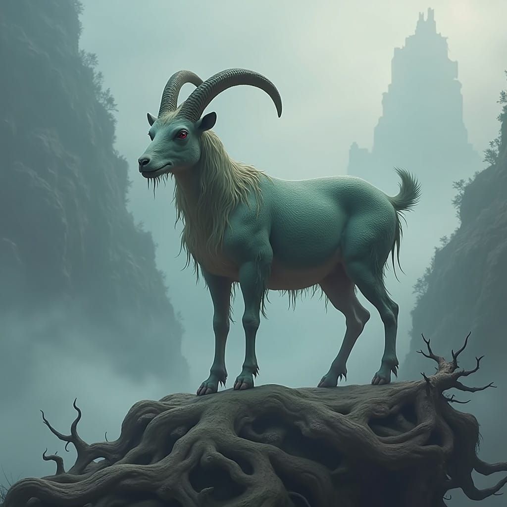 Snake-Goat Hybrid Embodied in Dreamlike Mystic Landscape