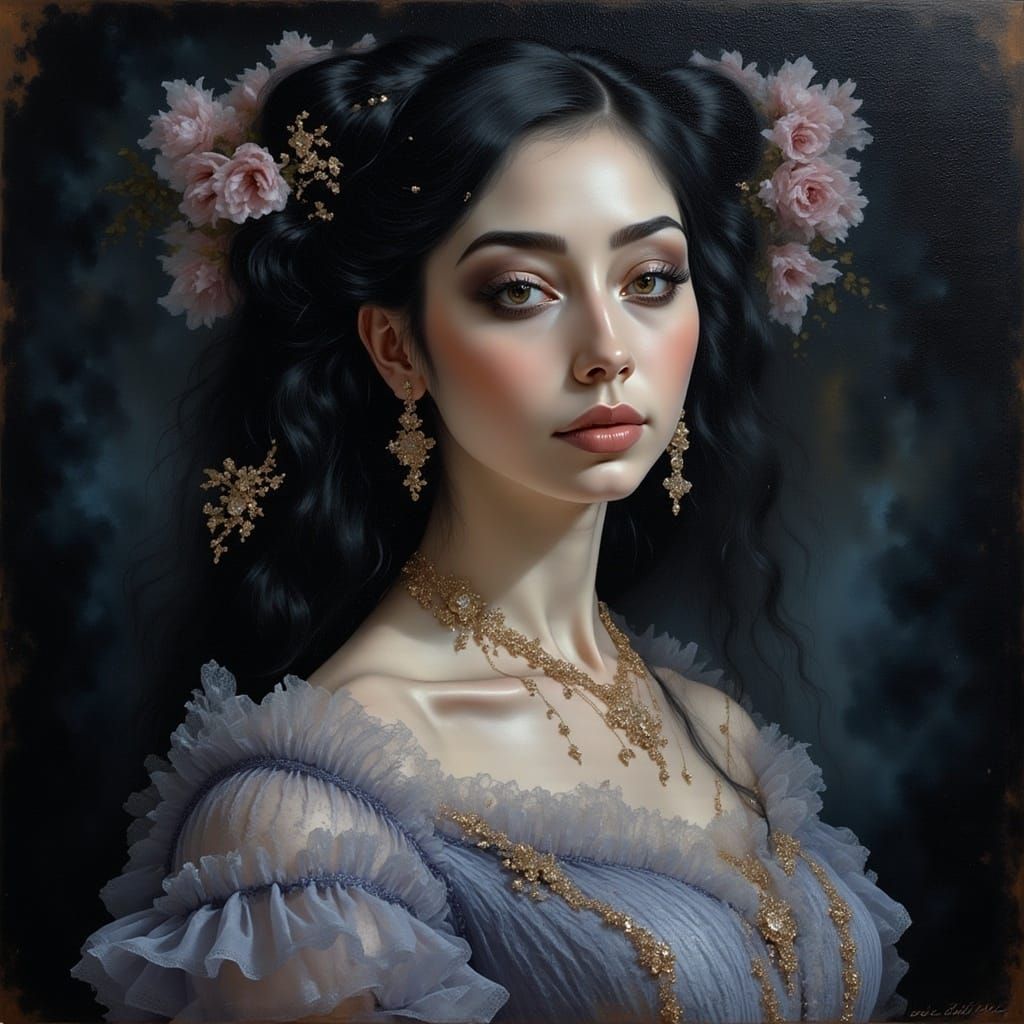 Glamorous Renaissance Asian Woman in Lilac Ruffle Dress
