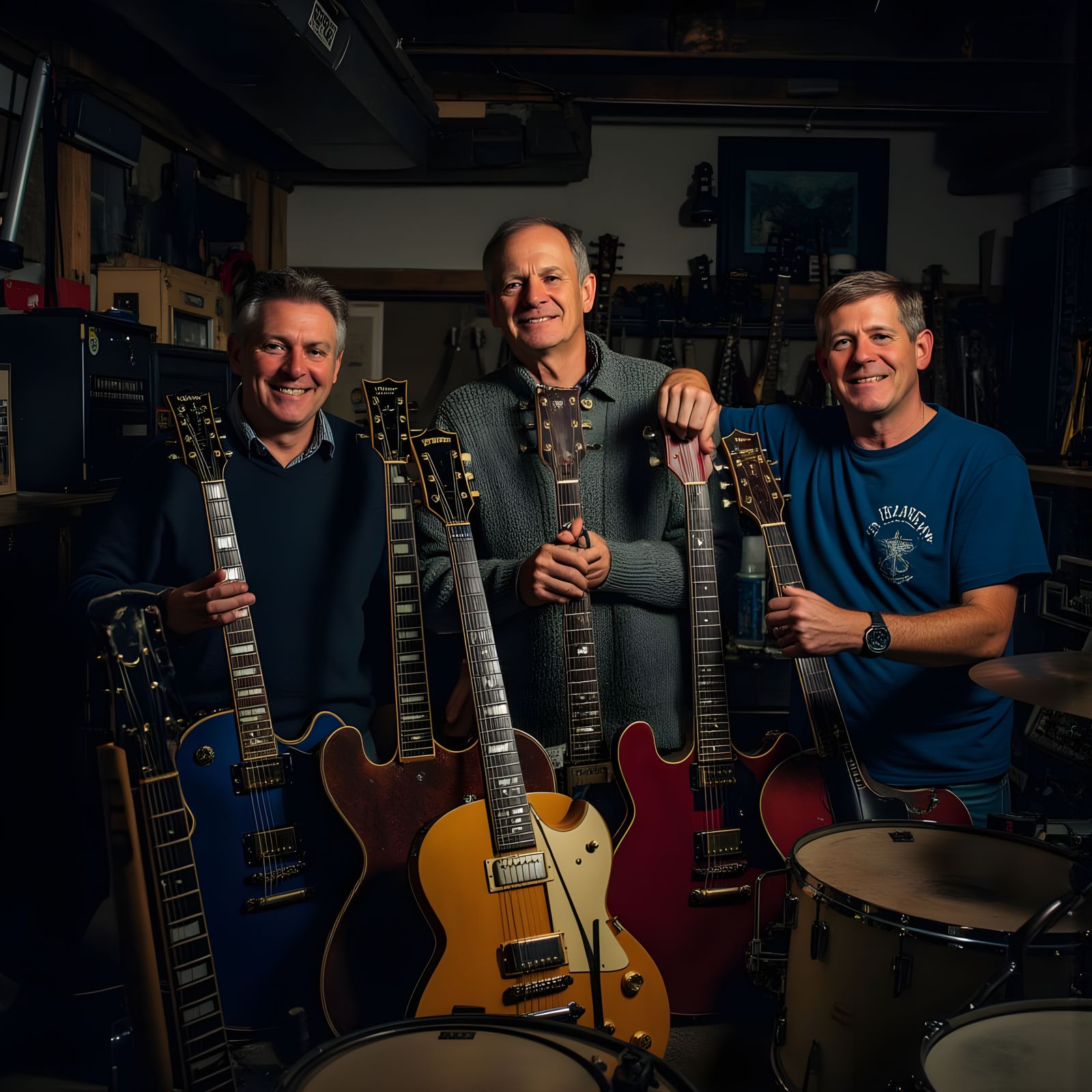Three Men Posing with Musical Instruments in Dimly Lit Room