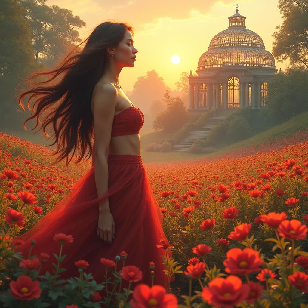 Voluptuous Woman in Flower Field: Matte Painting