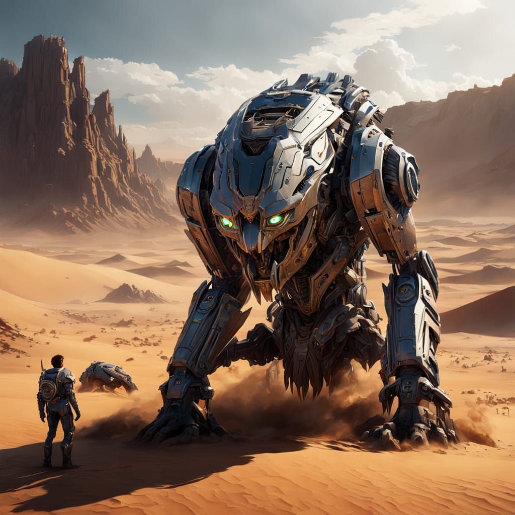 Cyberpunk Mech in the Desert Landscape