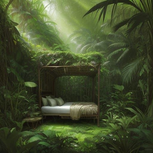 Oil Painting of a Bed in Lush Jungle Flora