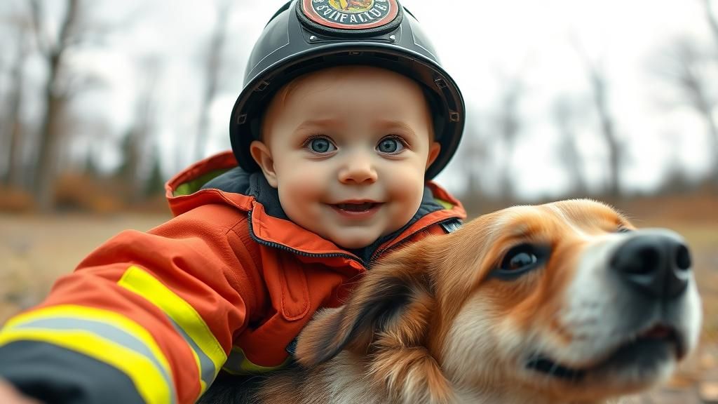 Baby Fireman Selfie on a Dog