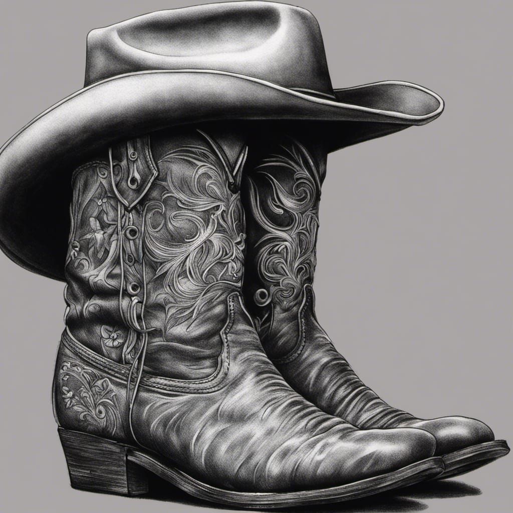 Cowboy Hat and Roper Boots Tattoo in Charcoal