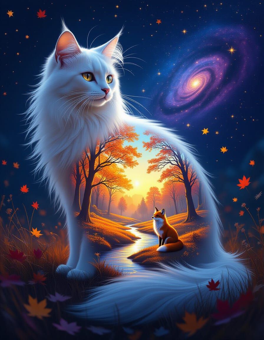 Ghostly Cat Hologram With Autumn Micro Landscape