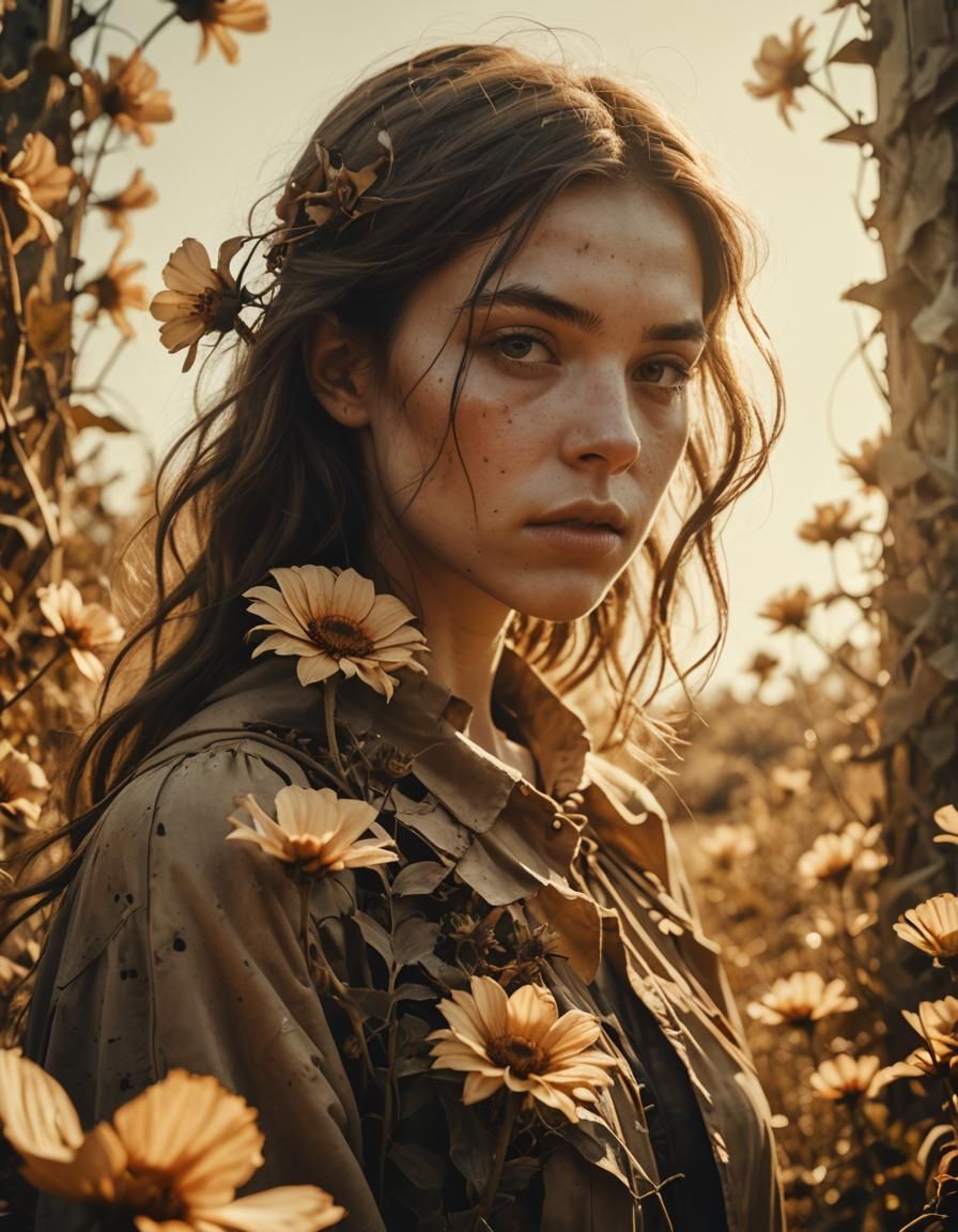 Girl in Desolate Landscape with Giant Flowers
