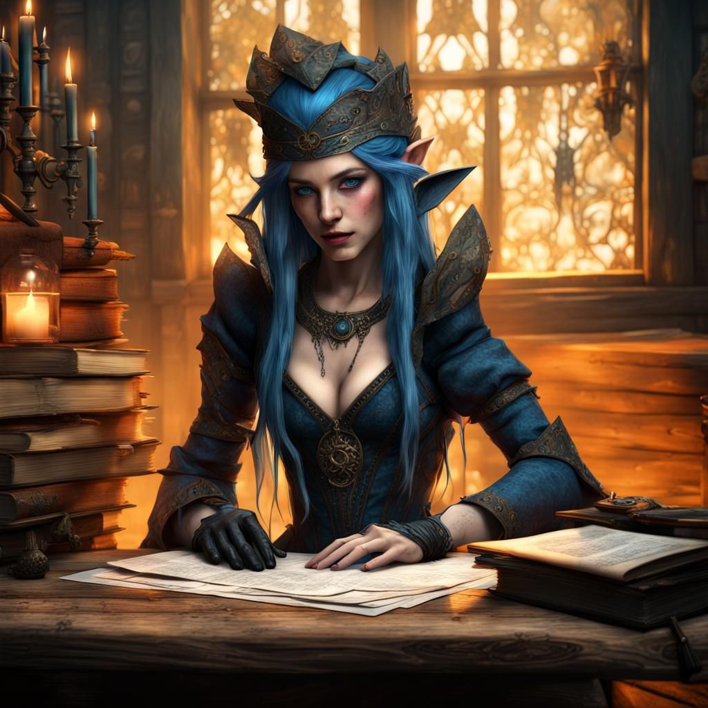 Fantasy Elf Reporter in Ornate Medieval Office