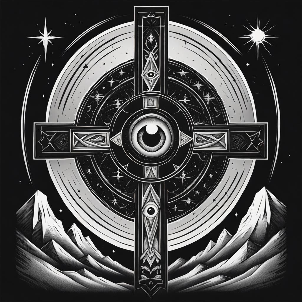 an upside down cross with an eye on it, satanic, black and white, mystic alchemical occult art, black background, totem ...