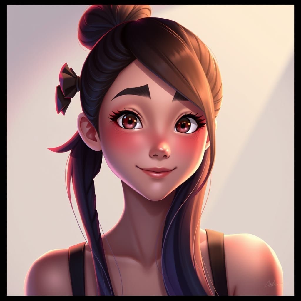 Woman with Pigtail and Ponytail in Vibrant Digital Art