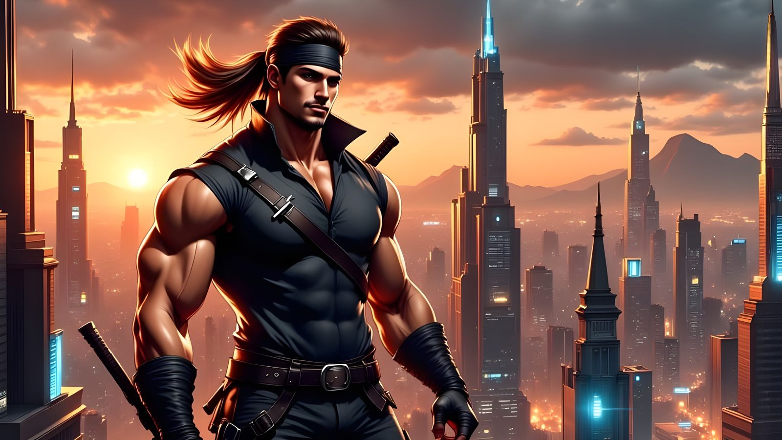 Cyberpunk Ninja Warrior with Muscular Physique