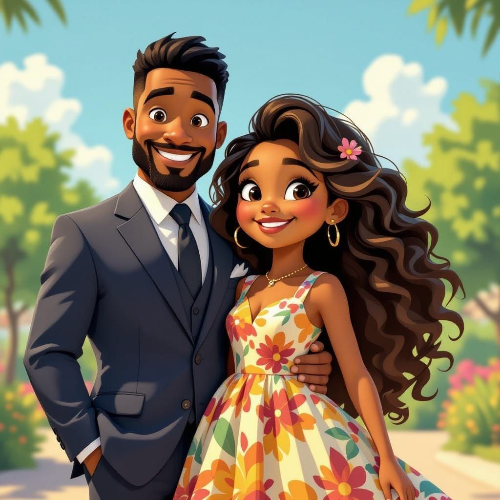 Cheerful Black Girl and Father in Animated Style