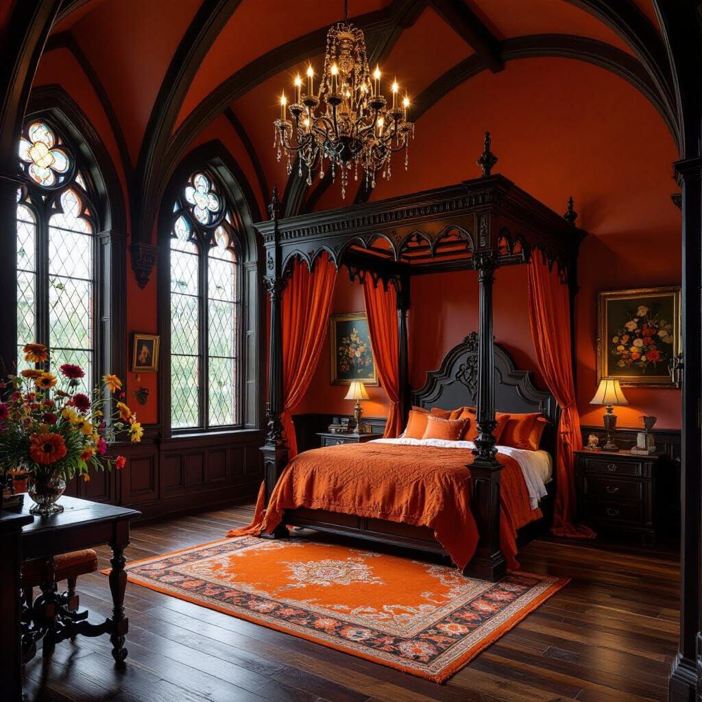 Gothic Castle Bedroom in Deep Orange, Painterly Style