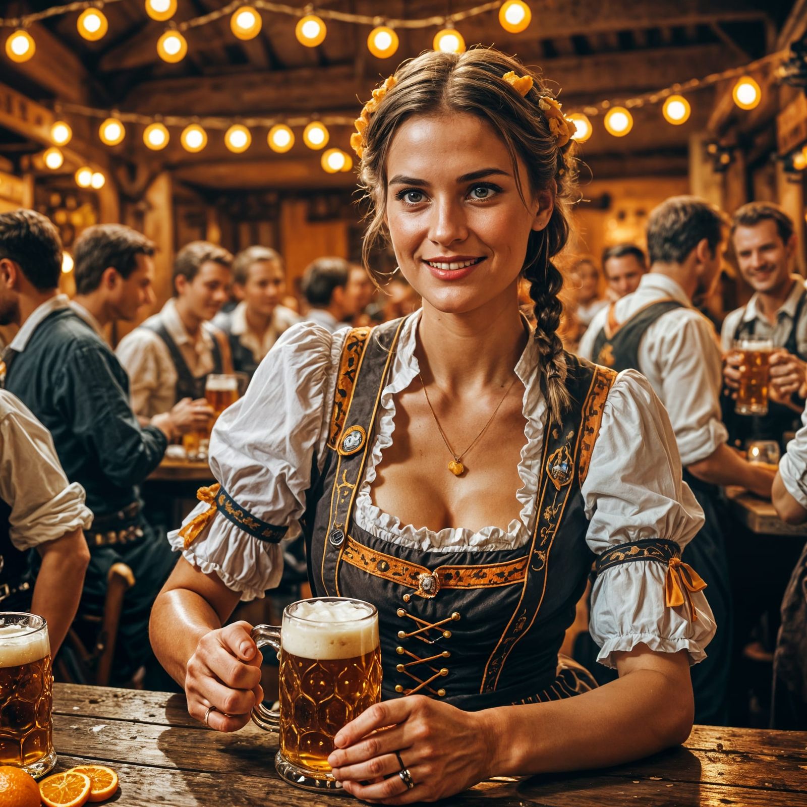 Oktoberfest: Bavarian Woman Serving Beer, Cinematic Still