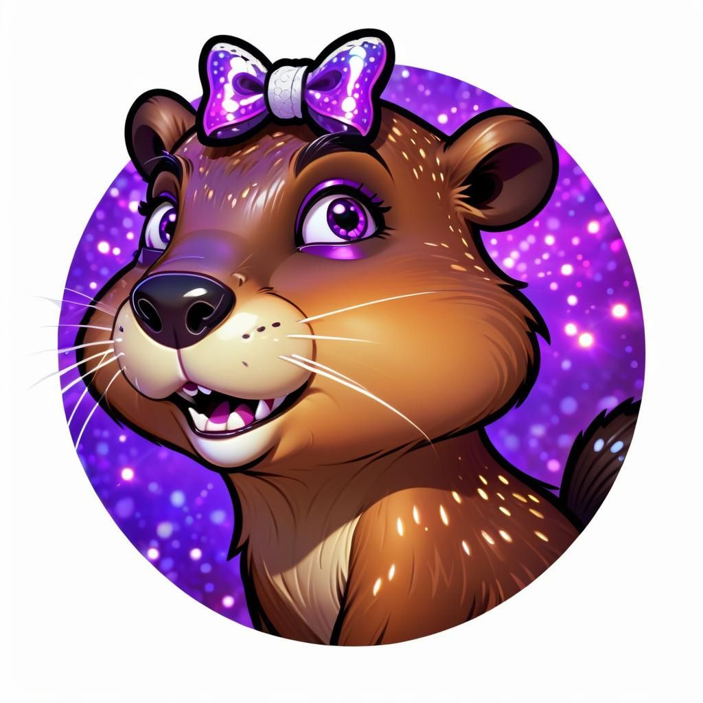 Cartoon Beaver with Eyelashes and Bow in Anime Style