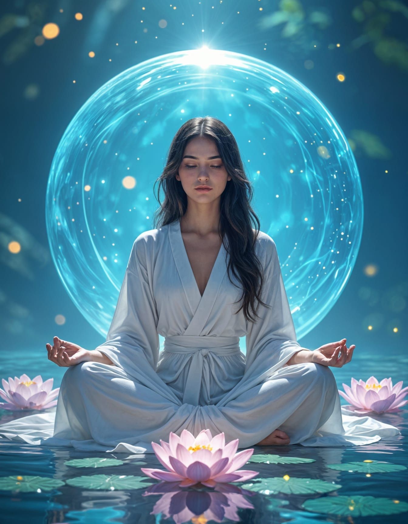 Ethereal Woman Meditating in Blue Light Sphere with Lotus Pe...