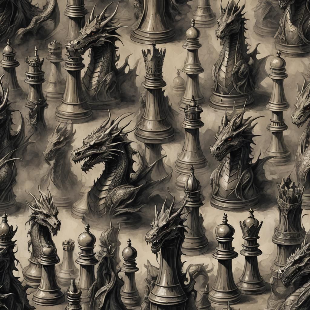 Abstract Dragon Chess Pieces in Horror Style