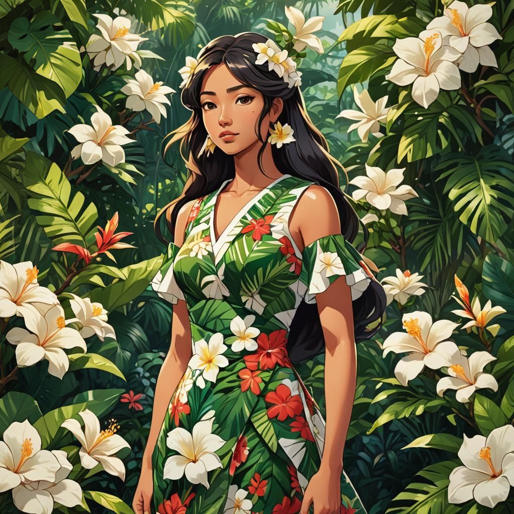 Hawaiian Girl in Gardenia Dress, Anime Style
