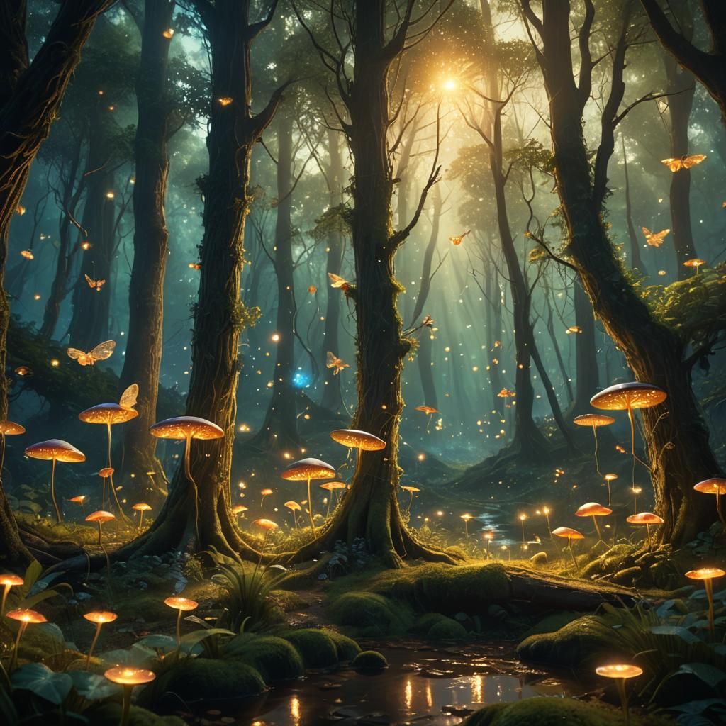Fairies in Bioluminescent Enchanted Forest: Digital Matte Pa...