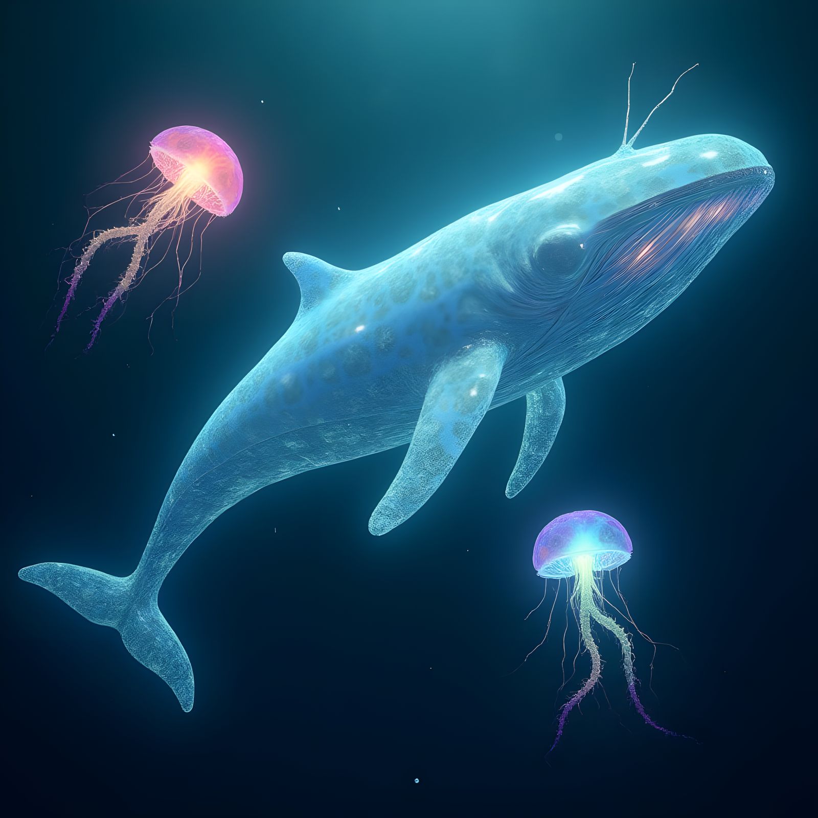 Glowing Glass Whale Surrounded by Jellyfish in Vibrant Ocean...