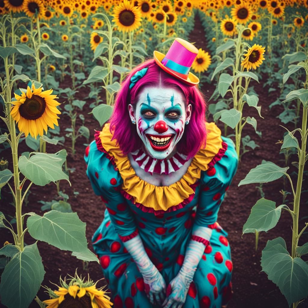 Zombie Monkey Clown Girl in Synthwave Sunflower Patch