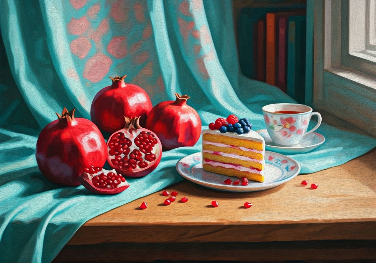 Impressionist Pomegranate Still Life Painting with Cake and ...