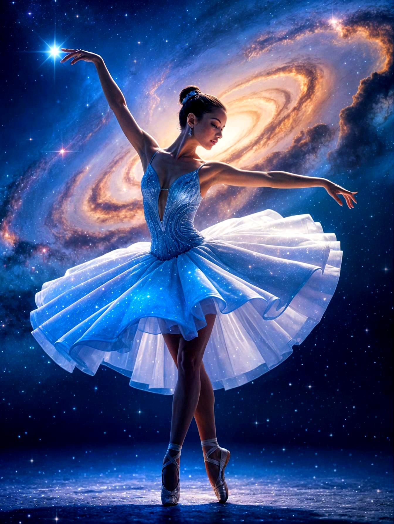Ballerina Dances Amidst Cosmic Nebulae and Stardust