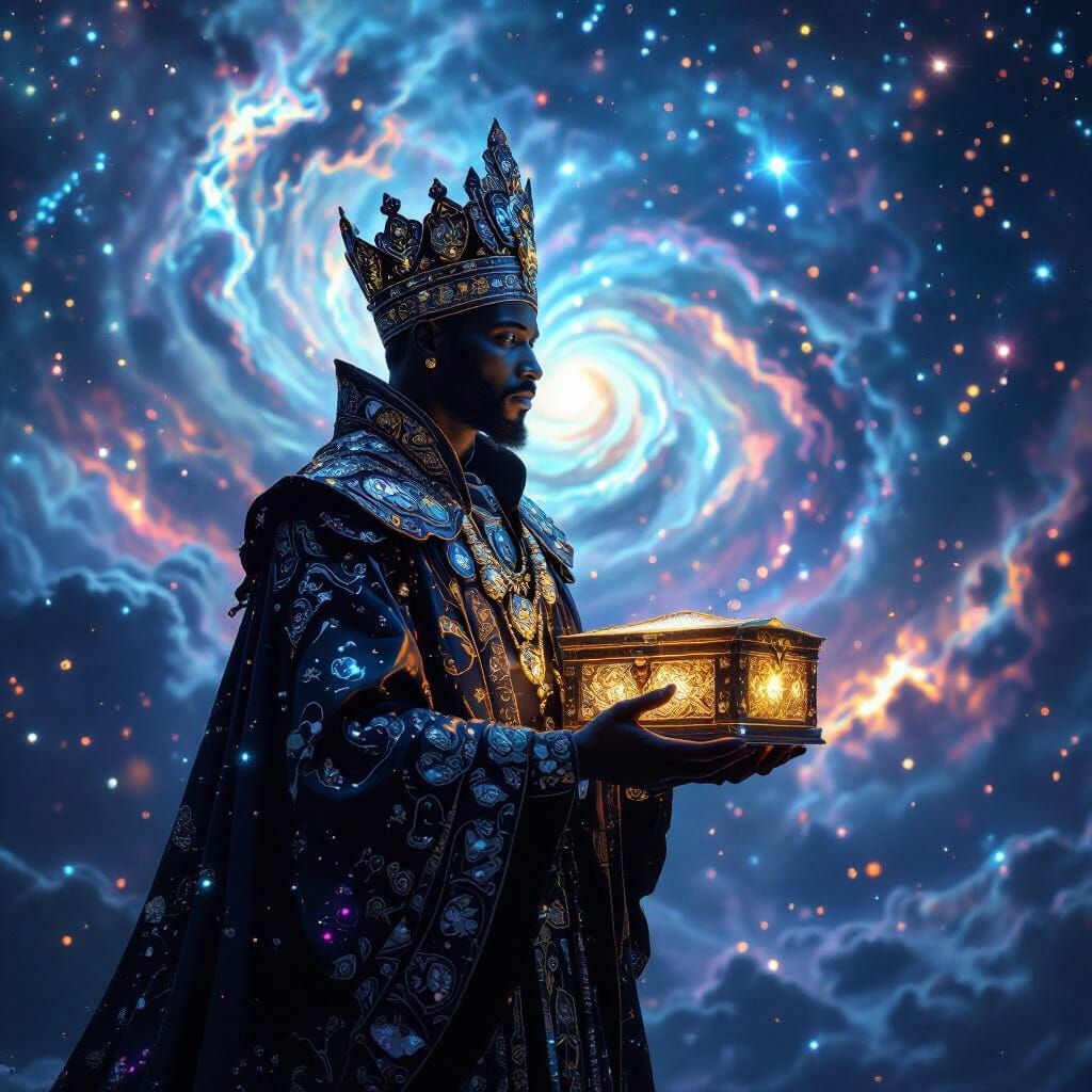 Cosmic Emperor with Celestial Map, Surreal Art
