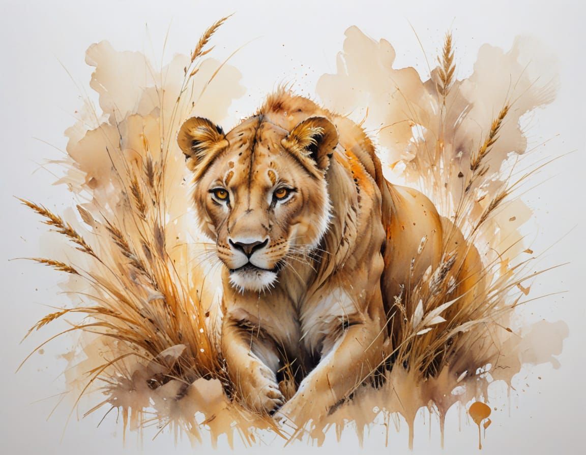 Lioness in Golden Savanna Grass, Warm Ochre Watercolour