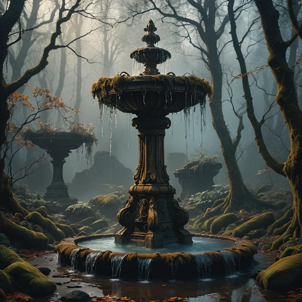 Dark Fantasy Fountain in Misty Wood