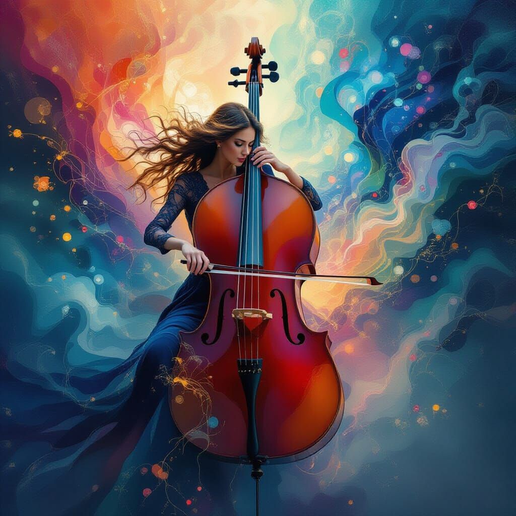Surreal Cello Silhouette with Fractal Musical Notes