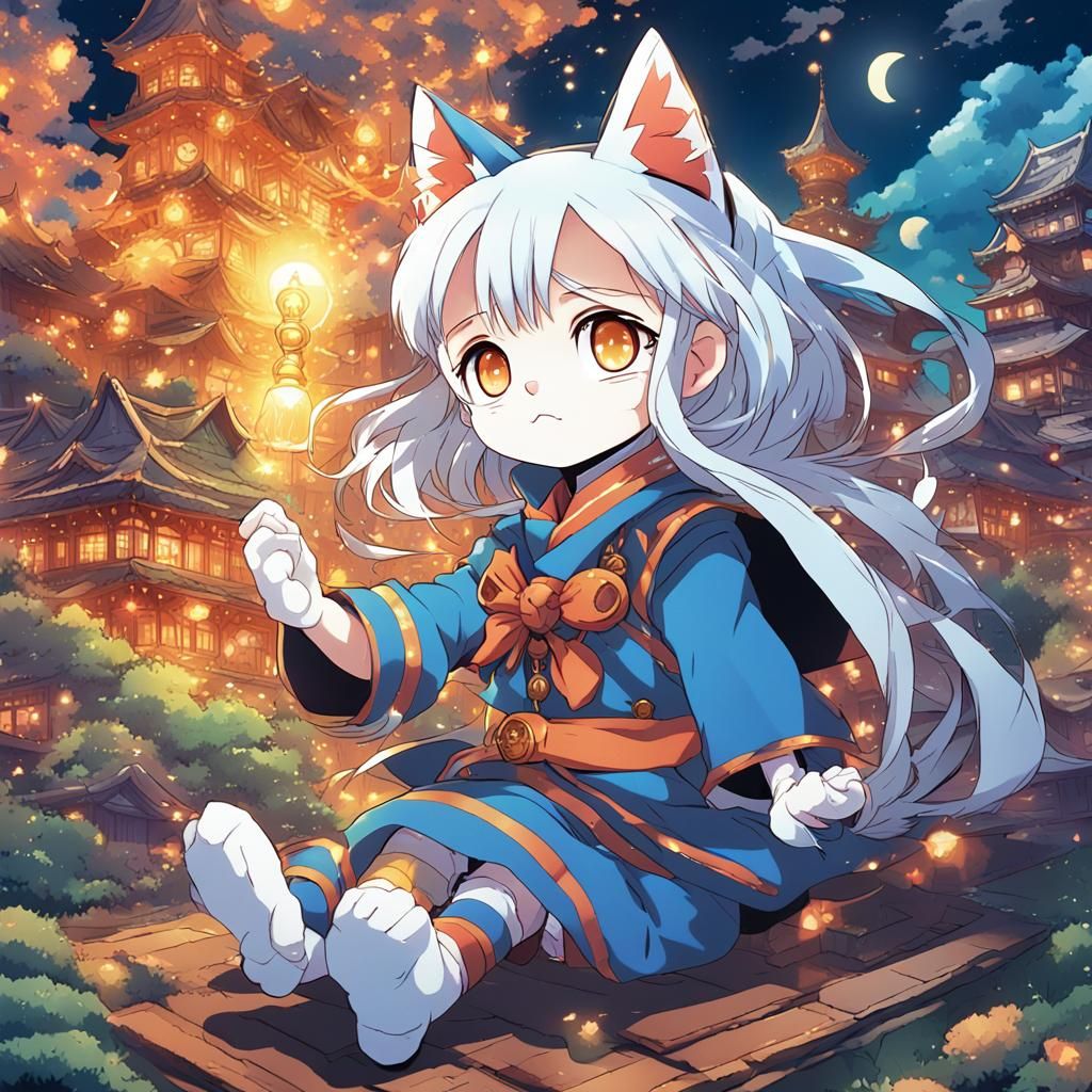 Little Girl and Magic Cat in Anime Style