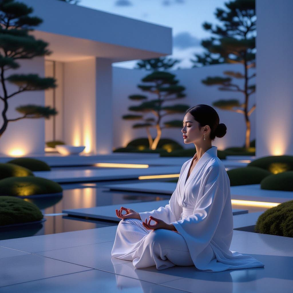 Woman Meditating in Futuristic Bioluminescent Zen Garden
